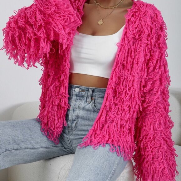 Hot Pink Casual Women's Shaggy Knit Duster Cardigan - Picture 3 of 7